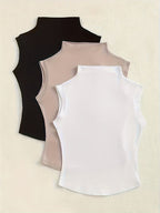 Women's Fashion Chic Casual High Neck Slim Fit Solid Color Sleeveless Tops 3pcs - White+Earth Gray + Black