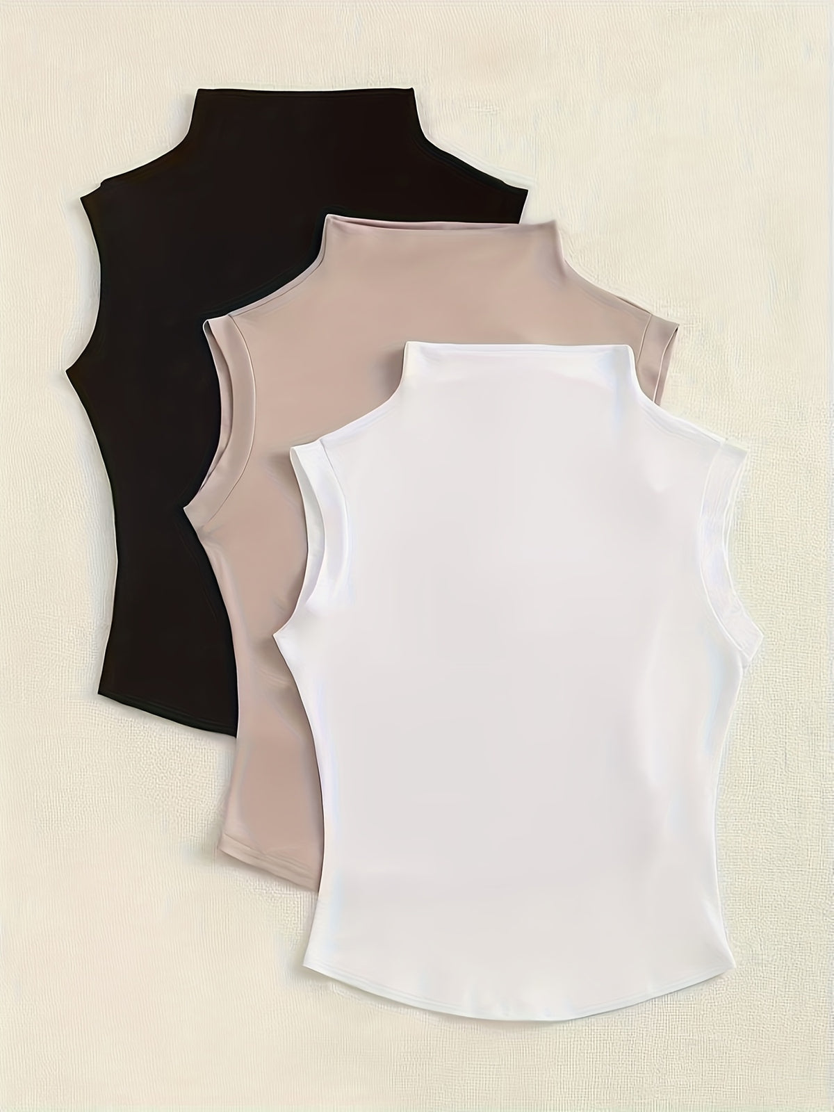 Women's Fashion Chic Casual High Neck Slim Fit Solid Color Sleeveless Tops 3pcs - White+Earth Gray + Black