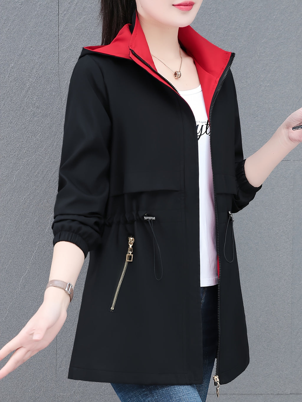 Mid-Length Women'S Casual Trench Coat Jacket with Drawstring Waist Tie, Zippered Pockets, Removable Hood - Black