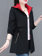 Mid-Length Women'S Casual Trench Coat Jacket with Drawstring Waist Tie, Zippered Pockets, Removable Hood - Black