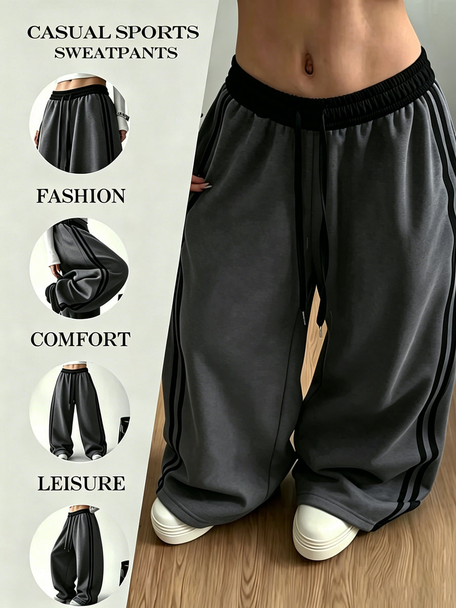 Street-style Color-block Striped Elastic Waistband Sweatpants, Loose-fitting, Figure-flattering, Drapey, and Relaxed-style Wide-leg Casual Trousers - Dark Gray