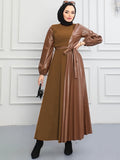 Middle Eastern Muslim Solid Color Pleated Long Split Women's Dress - Orange Brown
