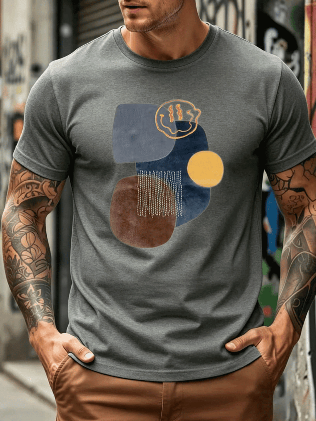 Geometric Print Color-Block Easy Creative Men'S Adult T-Shirt. Suitable for Various Outdoor Sports And Travel. Ideal for Holiday Gatherings. Yellow Gray Blue Contrast Design Comfortable Breathable Fabric Showcasing Unique Urban Fashion Trendy Style - Graphite Color