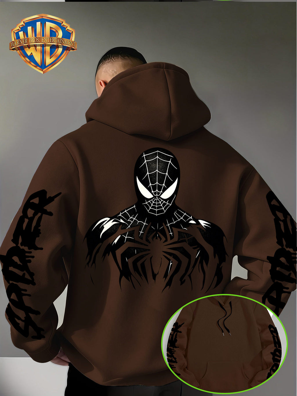 Warner Bros Official Halloween Gift Selection: Classic Spider Print Trendy Sweatshirt for Men, a Stylish and Versatile Hoodie, Comfortable -Lined Warm Autumn/Winter Apparel, Ideal for Sports, Outdoor Outings, Travel, Daily Commuting, and Home Use. - Coffee Color