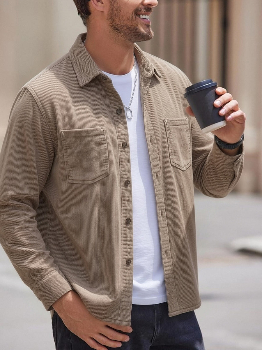 [Spring And Autumn Men'S Retro Corduroy Jacket ] Men'S Blue Corduroy Shirt, Retro Casual Long Sleeve Single, Loose Collar Button Top, Pocket Versatile Autumn Jacket, Halloween And Christmas Gift for Boyfriend And Father - Camel
