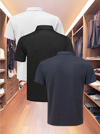 3pcs Value Pc, Summer Short-sleeve Polo Shirt! New Jacquard Fabric, Quick-drying, Lightweight and Breathable, Easy to Wash and Dry Quickly. Men's Color-blocked Cool and Comfortable Polo Shirt with Lapel, for Sports and Casual Wear. Men's Short-sleeve - White Black Blue