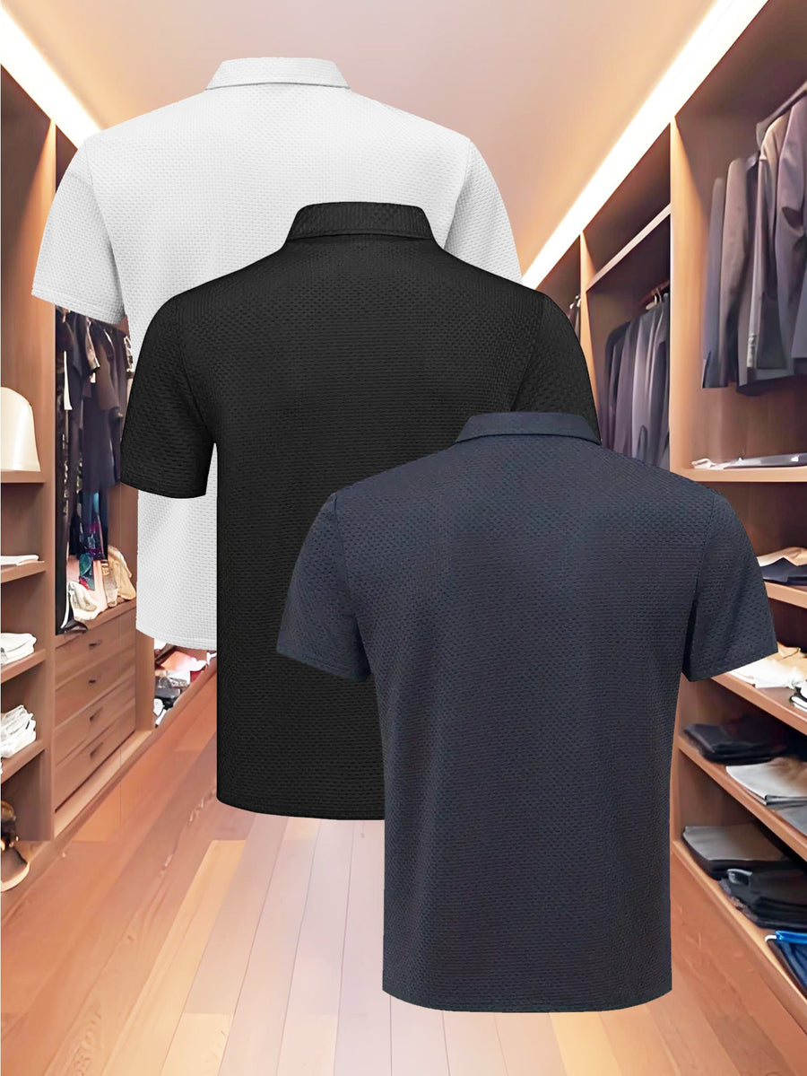 3pcs Value Pc, Summer Short-sleeve Polo Shirt! New Jacquard Fabric, Quick-drying, Lightweight and Breathable, Easy to Wash and Dry Quickly. Men's Color-blocked Cool and Comfortable Polo Shirt with Lapel, for Sports and Casual Wear. Men's Short-sleeve - White Black Blue