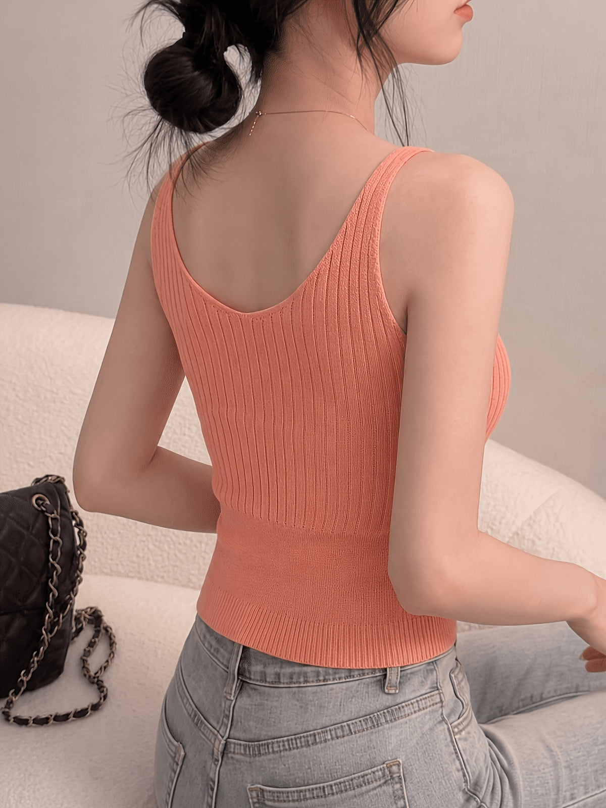 V-Neck Spaghetti Strap Camisole Women'S Summer Sheer Short Inner Top Base Layer Blouse Hollow Out Little Trick Outer Wear Versatile Top - Coral