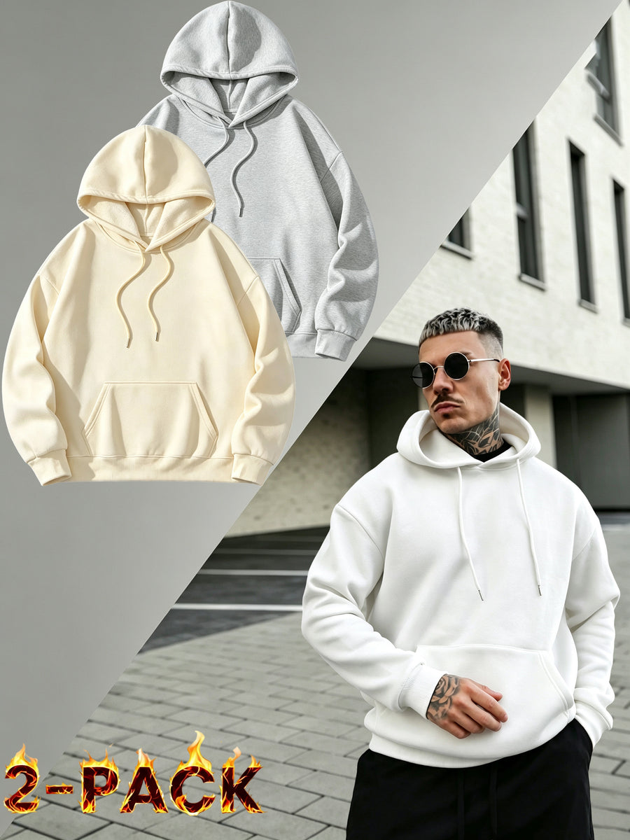 2PIECESMen's Solid Color Drop-shoulder Long-sleeve Drawstring Pocket Casual Outdoor Street Fashion Hoodie, Suitable for Autumn and Winter, Back-to-school Season - Yellow+Grey