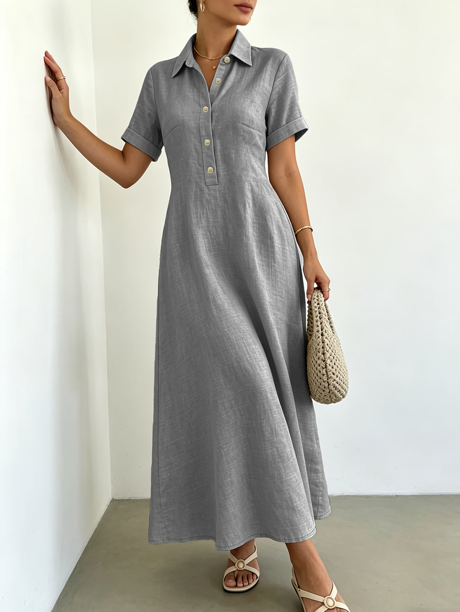 Women's Blended Fabric Shirt Dress with Lapel Collar, Half-Button Short Sleeves, A-Line Midi Length, Summer Casual Light Business Commuter Dress - Grey