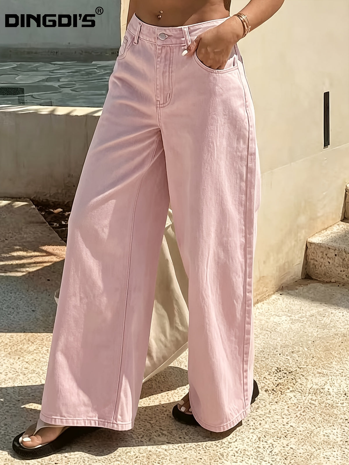 Women'S 2025 Fashion New Stretch Loose Wide-Leg Pink Jeans, Washed Solid Color Denim Trousers with Black Pockets, Versatile Basic Ladies' Clothing, Comfortable Business Casual Pants, Relaxed Trousers Suitable for Work, Travel, And Office Wear - Pink