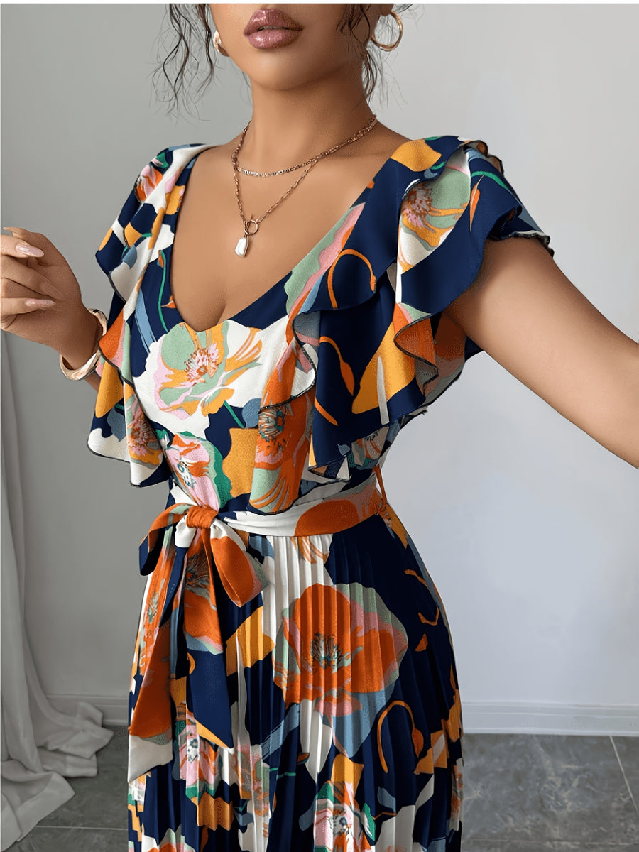 V-Neck Digital Floral Print Vacation Ruffled Waist A-Line Elegant Romantic Women'S Dress - Multicolor