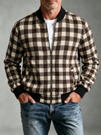 Men's Vintage Waffle Check Baseball Jacket with Zipper Front & Collar - Multi-Color Plaid Cardigan Coat (Black/White/Red/Brown/Green), Machine Washable Suitable for Commuting, Casual Streetwear Outerwear, Spring/Autumn Daily Jacket - Khaki Brown