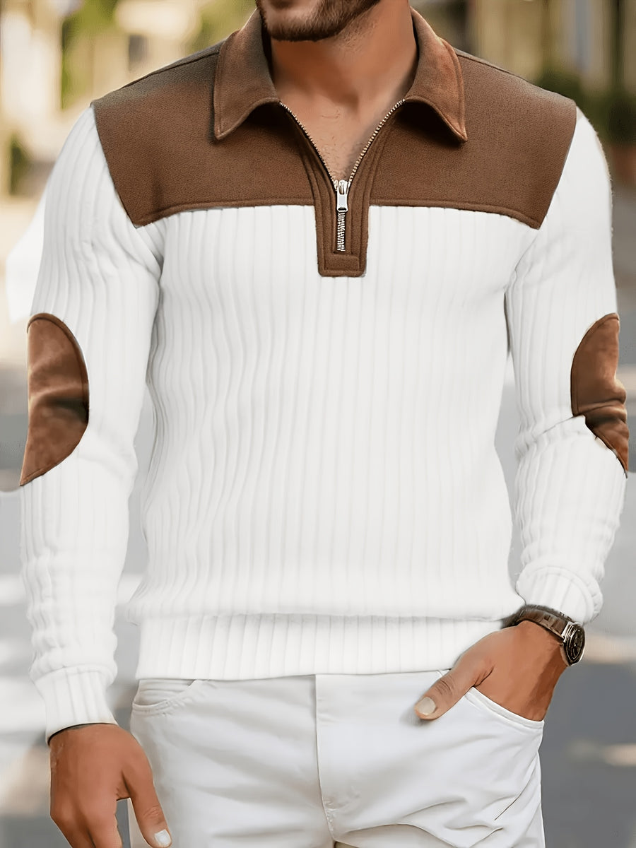 New Christmas Men's Autumn/Winter Brushed Ribbed Cable Knit Sweater, Casual Color-Block Long Sleeve Patchwork Plush Sport Henley Zip-Up Top - White