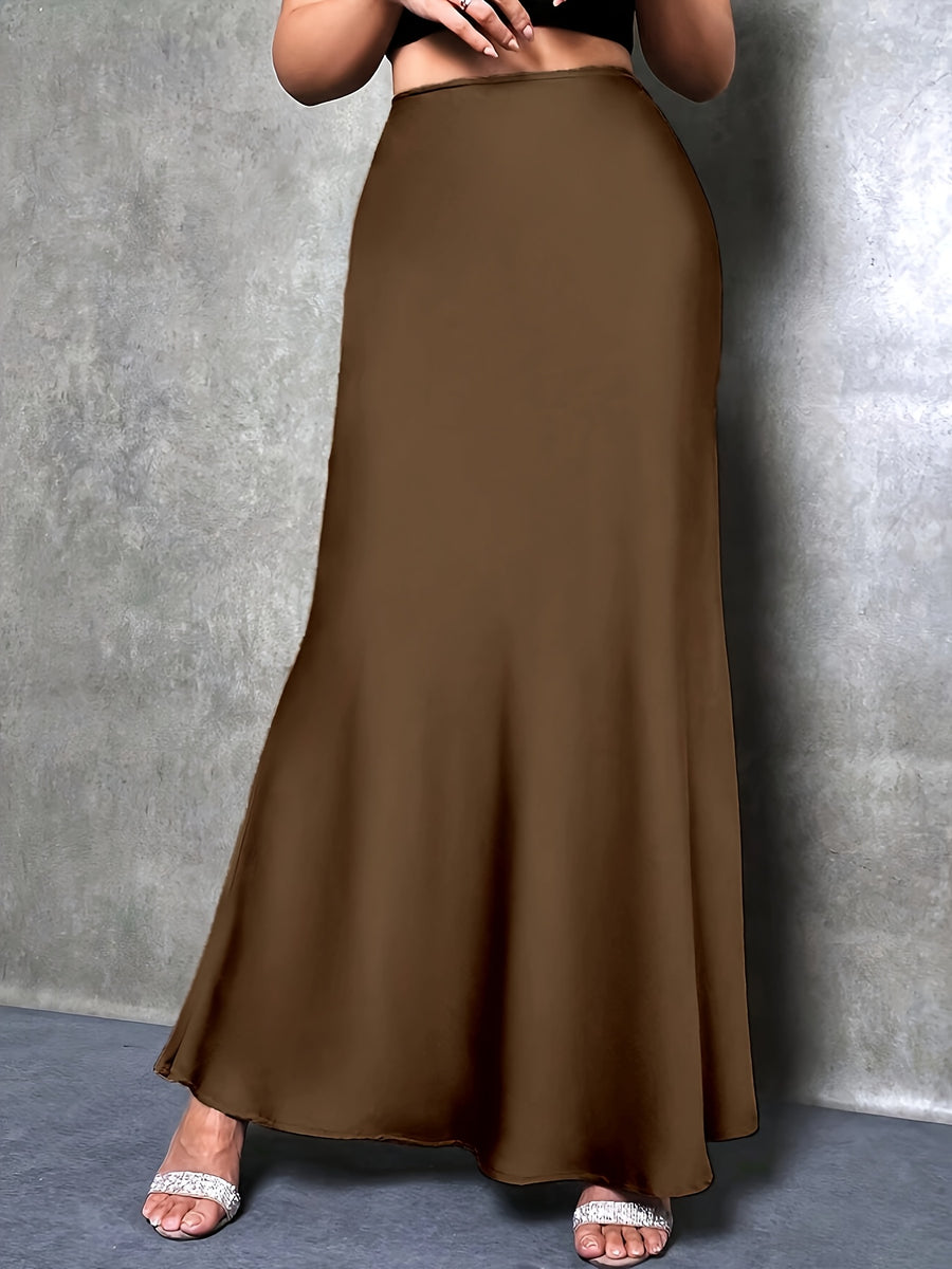 Women's High-Waisted Solid Color Elegant Satin Skirt, Suitable for Date, Party, Gift, All Season - Coffee Brown