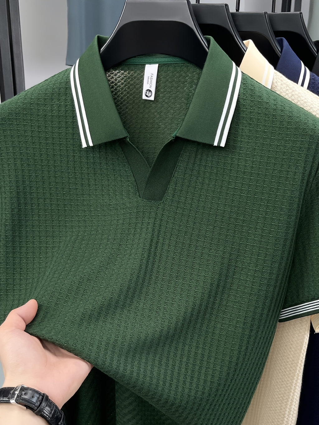 Men'S Scissor Collar Sweater, Summer Short Sleeve Breathable Knit Top, Contrast Striped Collar Design, Casual Knit Top, Summer Thin Breathable V-Neck Short Sleeve T-Shirt, Men'S Top - Dark Green