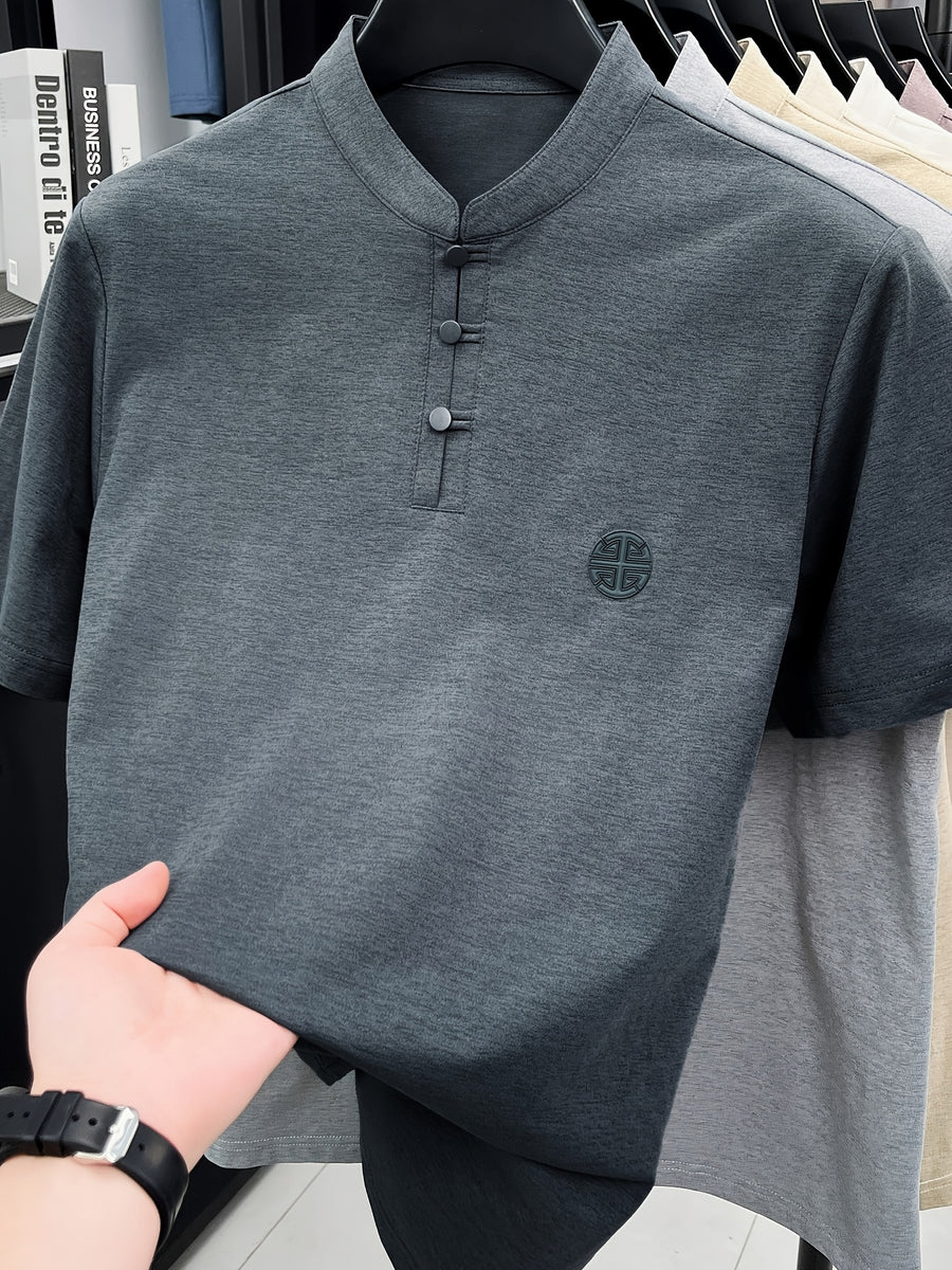 New Summer Chinese Hero Ancient Style Three-Button Access Control Short-Sleeve Men's T-Shirt, Stylish Casual Novelty Men's Top, Refreshing Quick-Drying, Durable and Skin-Friendly Apparel JC8912 - Dark Gray