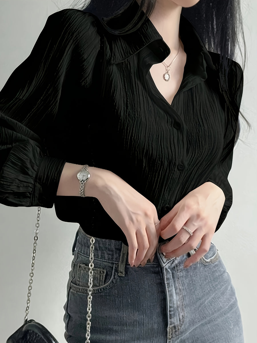 Solid Color Shirt Women'S French Long Sleeve Blouse Jacket Autumn Winter Thin Women'S Clothing Design-Oriented Shirt Top - Black