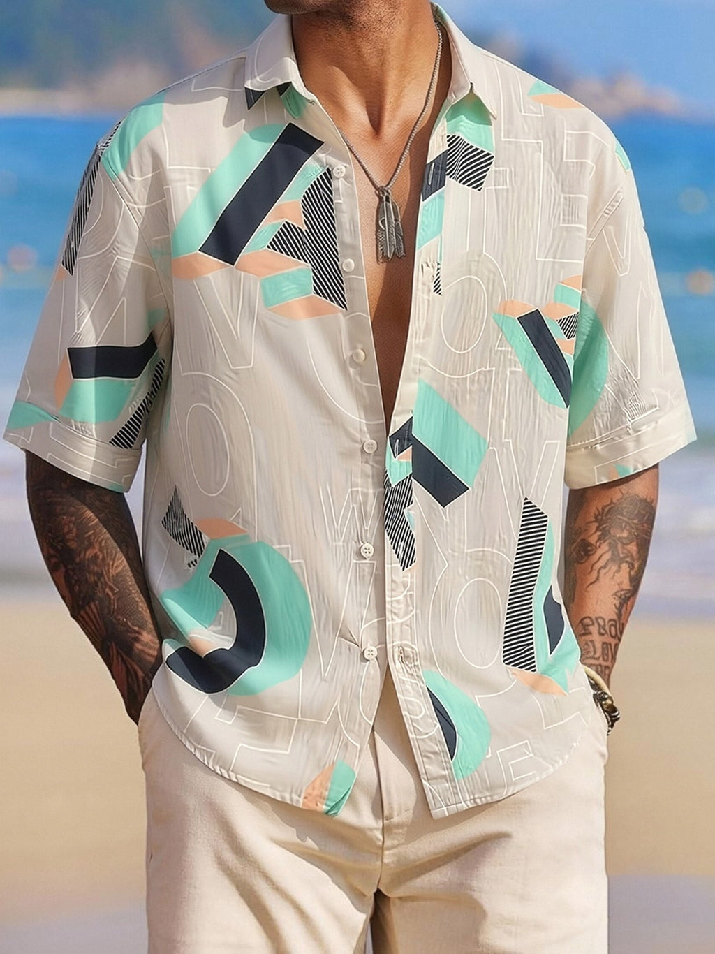 Men's Streetwear Brand Color-Block Geometric Letter Print Short-Sleeve Shirt, Summer Loose Fit Casual Seaside Vacation Shirt, Light Luxury Large Letter Geometric Pattern Loose Thin Versatile Top - Mixed colors