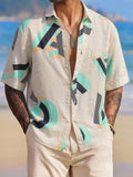 Men's Streetwear Brand Color-Block Geometric Letter Print Short-Sleeve Shirt, Summer Loose Fit Casual Seaside Vacation Shirt, Light Luxury Large Letter Geometric Pattern Loose Thin Versatile Top - Mixed colors