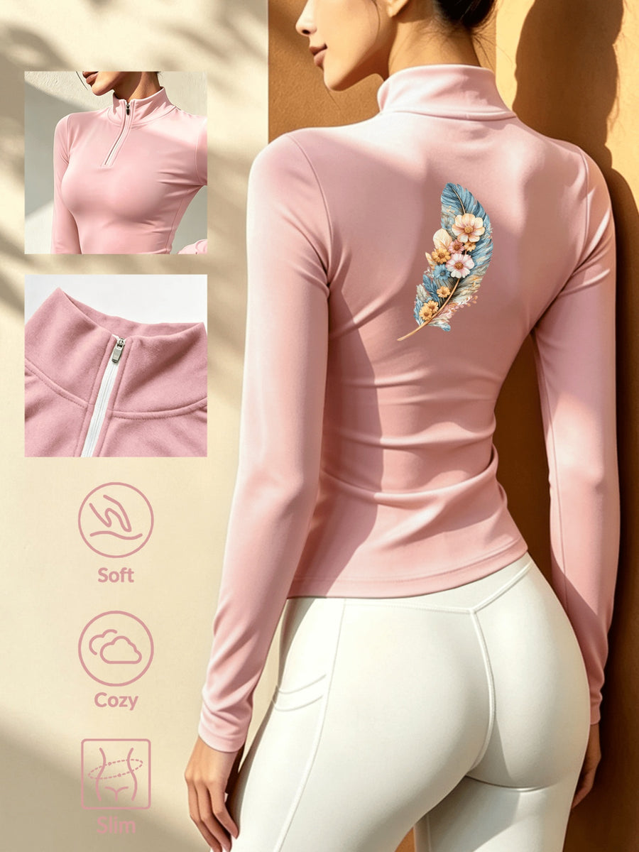 Women'S Soft Elastic High-Neck Printed Fitted Top, Thickened Warm Long Sleeve, Autumn/Winter Casual Layering T-Shirt - pink