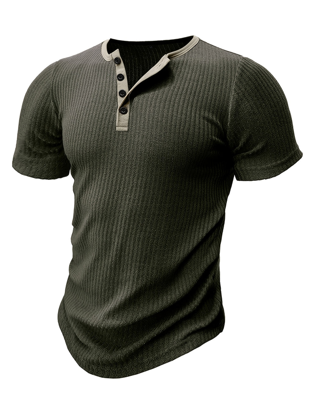 Men's Casual Slim Fit Henry Shirt Short Sleeved T-shirt Moisture Absorption and Sweat Wicking Breathable, Soft and Skin Friendly A Must-have for Summer 2pcs Set for - Khaki With Army Green