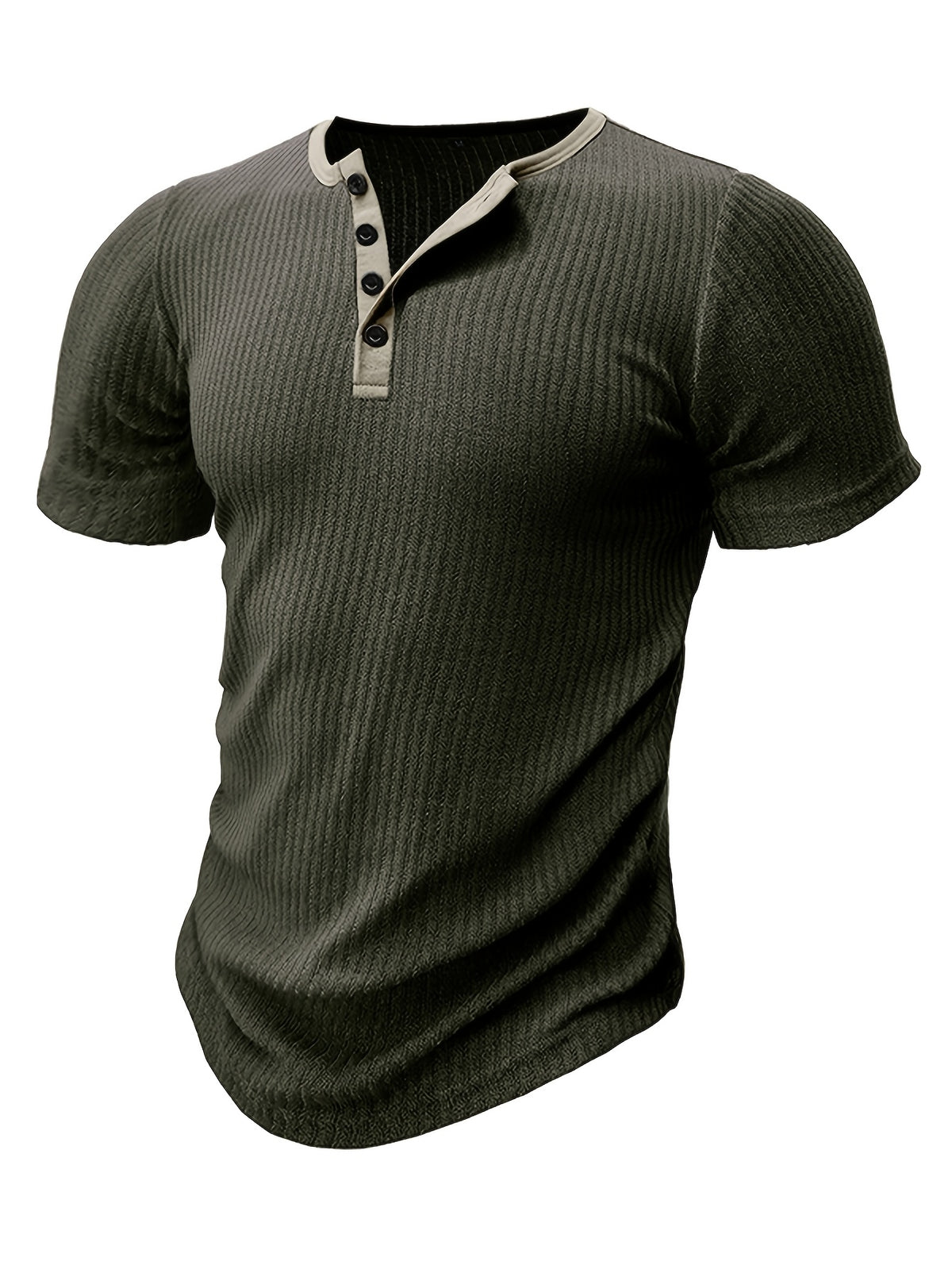 Men's Casual Slim Fit Henry Shirt Short Sleeved T-shirt Moisture Absorption and Sweat Wicking Breathable, Soft and Skin Friendly A Must-have for Summer 2pcs Set for - Khaki With Army Green