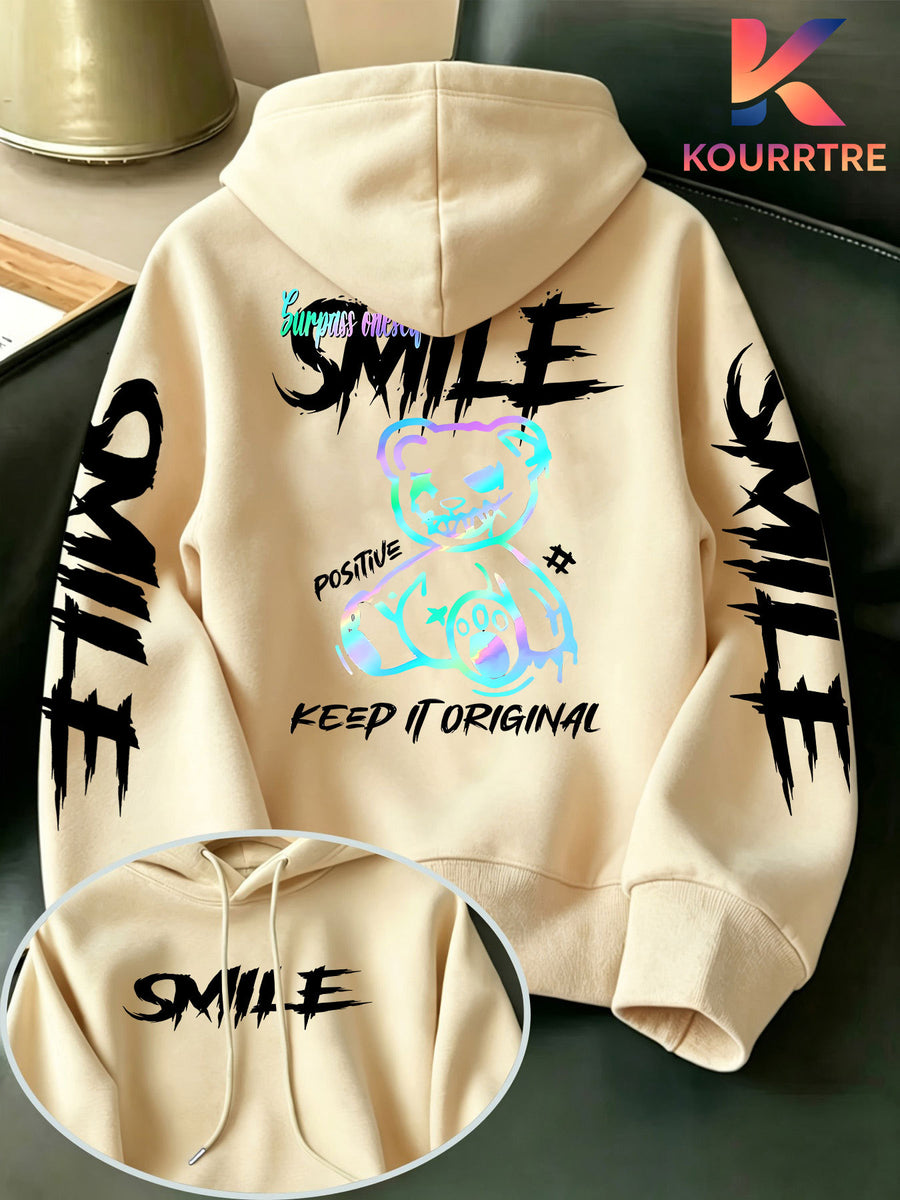 Men's Street-Style Cool Gradient Bear Symbol Hooded Sweatshirt, Featuring a Graffiti Bear Personality Print, Embodying American Street Fashion Culture, an Exclusive Item for Trendsetters! This Men's Hooded Sweatshirt Is Made from Selected - Apricot