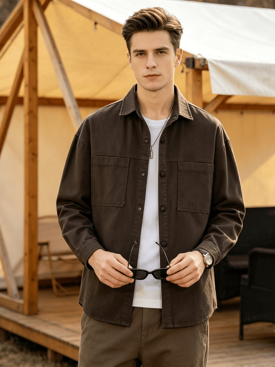 Men'S Cargo Long Sleeve Shirt, Pure Casual Blouse Loose Multi-Pocket Design Breathable Durable Fabric Street Outing Light Outdoor Camping Versatile Casual Top - Coffee