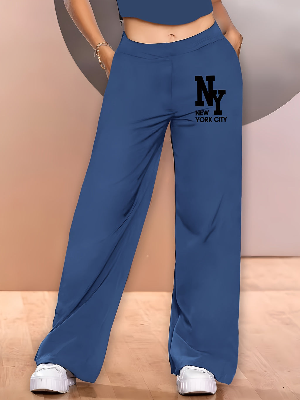 Elegant - 2pcs Women's Wide-Leg Casual Pants, Summer Lightweight Style, Letter Print - Blue+black