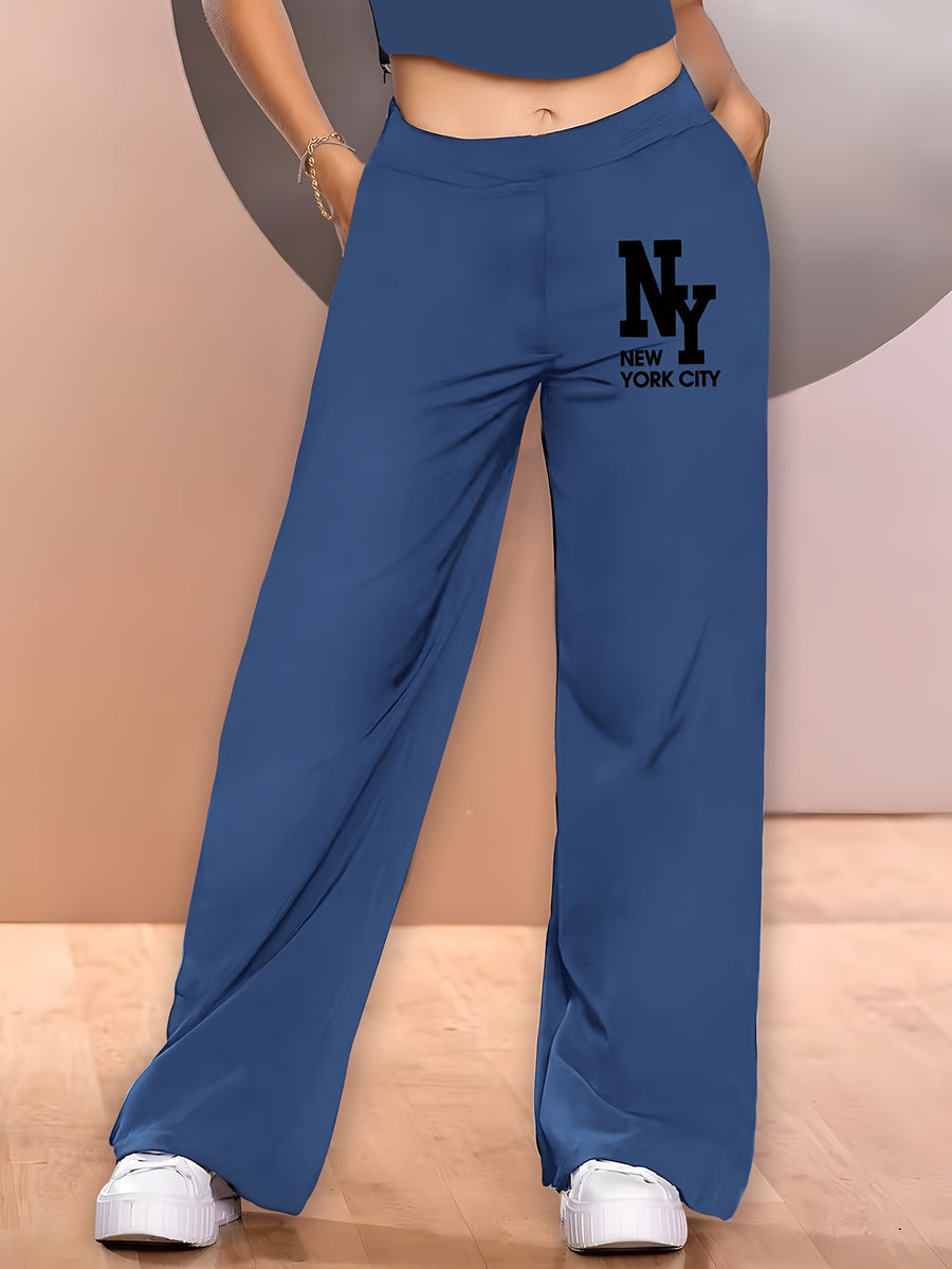 Elegant - 2pcs Women's Wide-Leg Casual Pants, Summer Lightweight Style, Letter Print - Blue+black