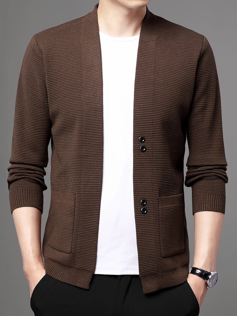 [Wading Whale OBM] Spring/Summer New Men'S Knit Cardigan, Old Money Style Solid Color V-Neck Long Sleeve Open Front Sweater Jacket with Single Button Closure And Side Pockets, Suitable for Spring And Autumn Layering Or Outerwear - Coffee Brown