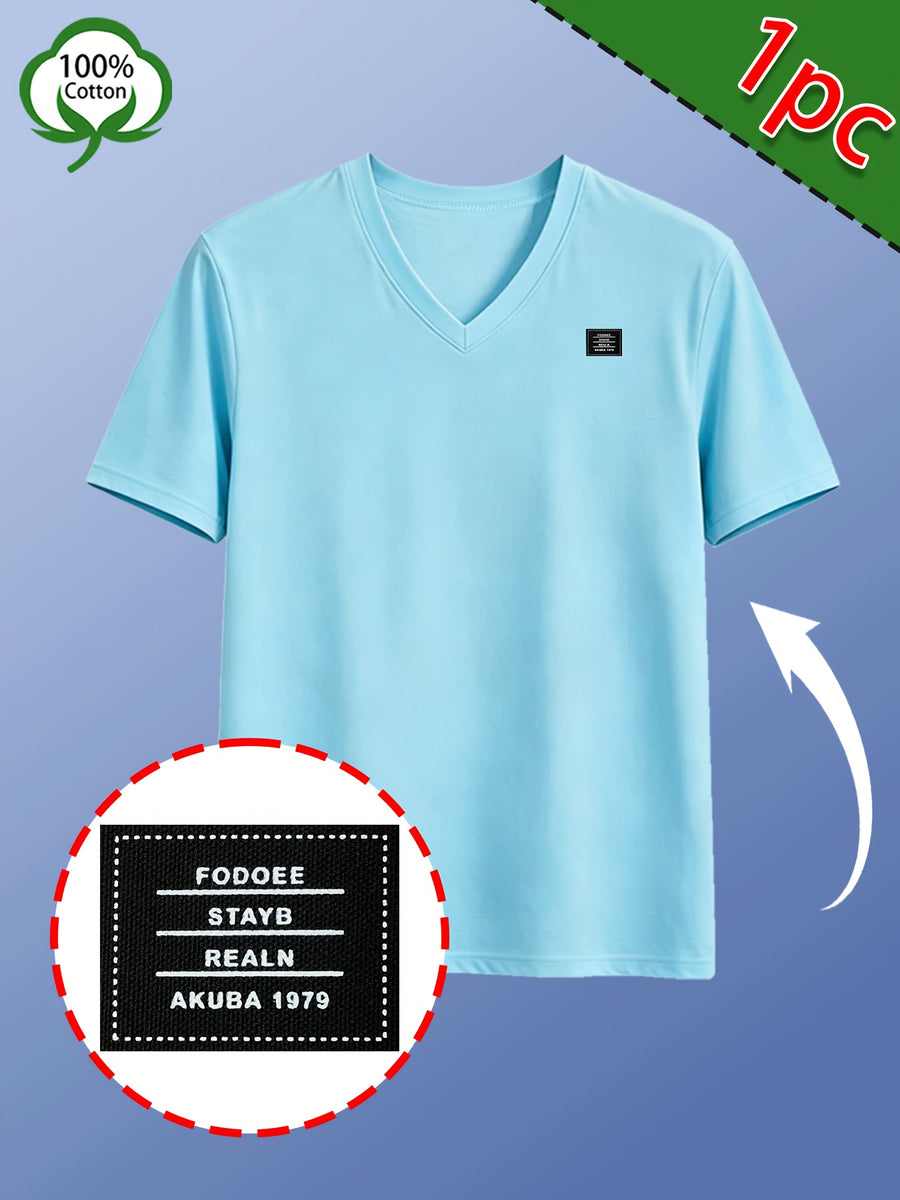 Men's Casual 100% Cotton V-Neck T-Shirt, Summer Sports Short-Sleeve Top, Plain Weave Knit with Distinctive Design, Durable and Pilling-Resistant, Pure Cotton Soft, Breathable, and Refreshing Without Feeling Stuffy, Comfortable, High-Quality - Sky Blue