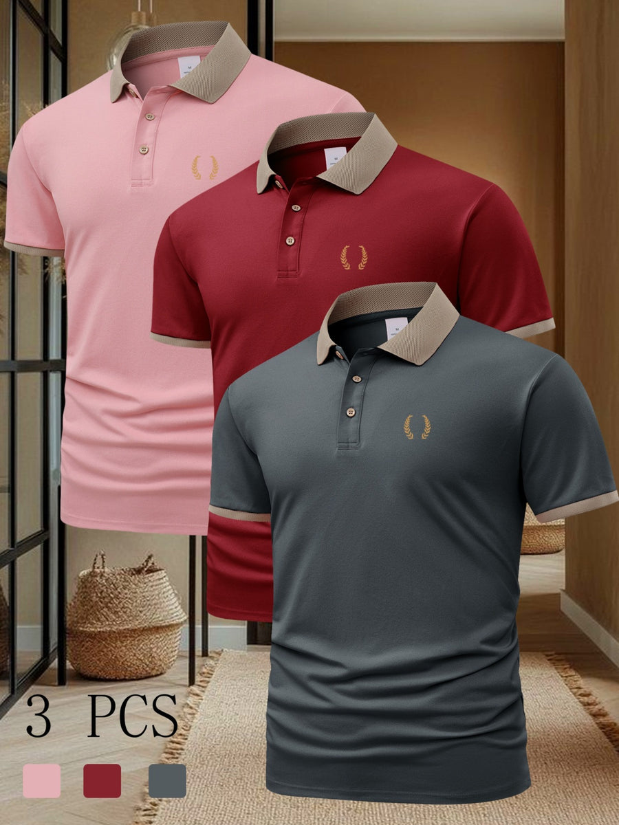 FC660 Wheat Print Pattern 3pcs Set Summer Men'S Casual Short-Sleeved POLO Shirt Lapel Top Fashion Casual Daily Business Top - Pink+Wine Red+Grey