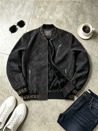 Men's -Lined -Look Baseball Jacket, Vintage Herringbone Ribbed Collar Casual Baseball Coat, for Daily Outdoor Streetwear - Black