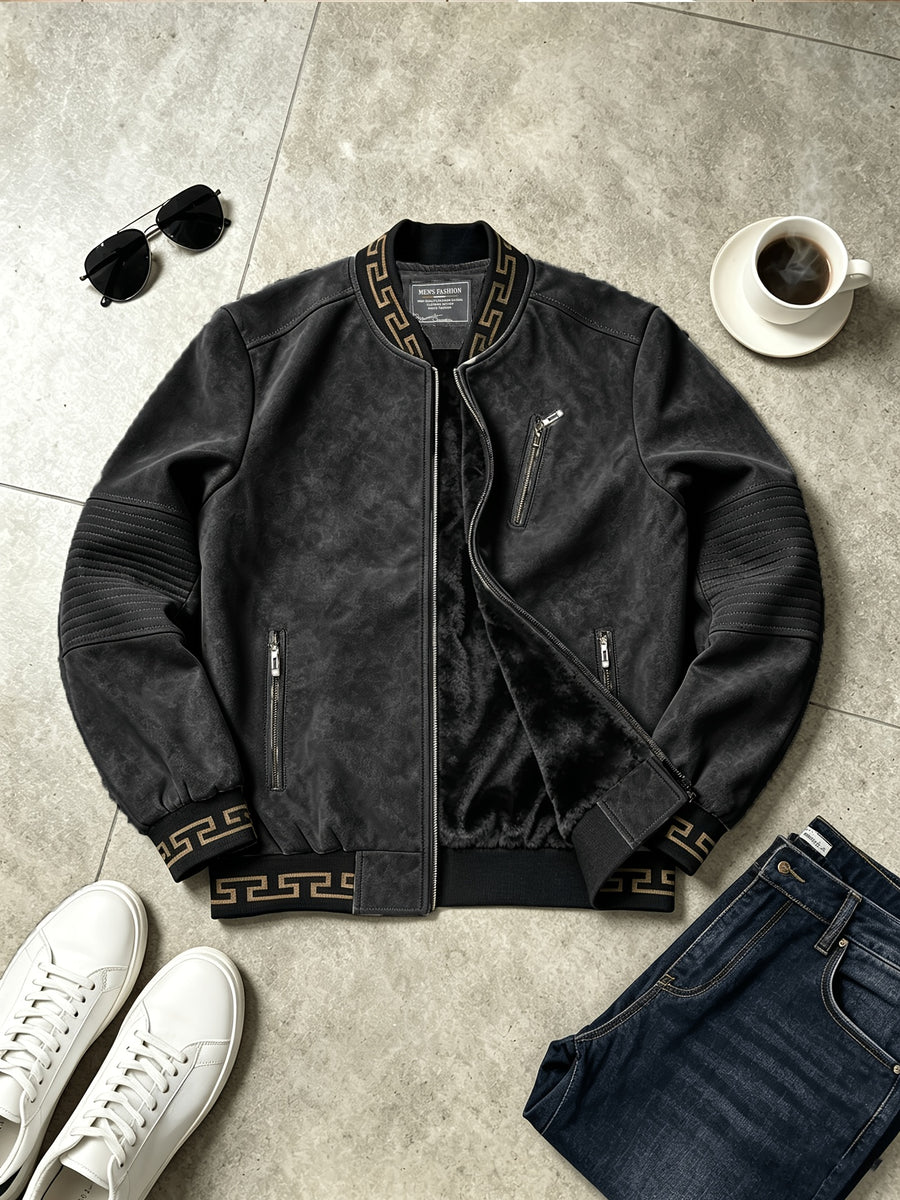Men's -Lined -Look Baseball Jacket, Vintage Herringbone Ribbed Collar Casual Baseball Coat, for Daily Outdoor Streetwear - Black