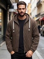 EXARUS Men'S Vintage Plaid Jacquard Hooded Zip-Up Jacket, American Casual Open Cardigan Hoodie, Individual Woven Texture Pattern, Tassel Decor Drawstring with Smooth Metal Zipper, Elastic Cuffs, Loose Casual Fit. Comfortable And Breathable Fabric - Coffee Color