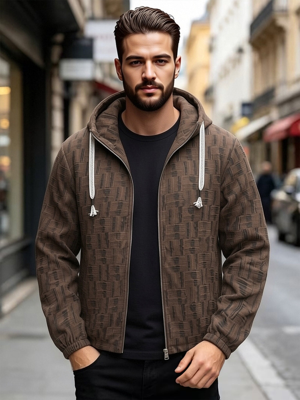 EXARUS Men'S Vintage Plaid Jacquard Hooded Zip-Up Jacket, American Casual Open Cardigan Hoodie, Individual Woven Texture Pattern, Tassel Decor Drawstring with Smooth Metal Zipper, Elastic Cuffs, Loose Casual Fit. Comfortable And Breathable Fabric - Coffee Color