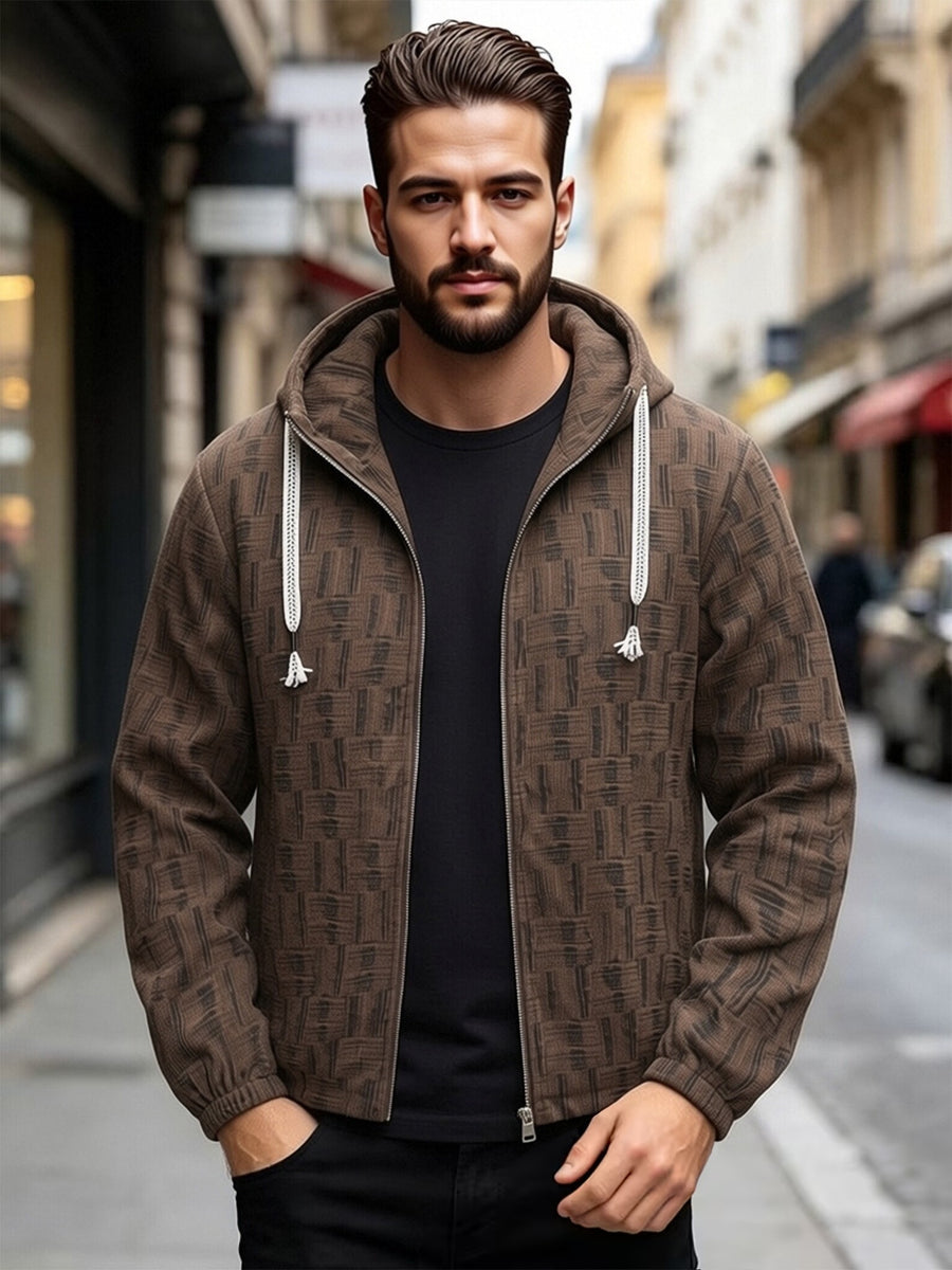 EXARUS Men'S Vintage Plaid Jacquard Hooded Zip-Up Jacket, American Casual Open Cardigan Hoodie, Individual Woven Texture Pattern, Tassel Decor Drawstring with Smooth Metal Zipper, Elastic Cuffs, Loose Casual Fit. Comfortable And Breathable Fabric - Coffee Color