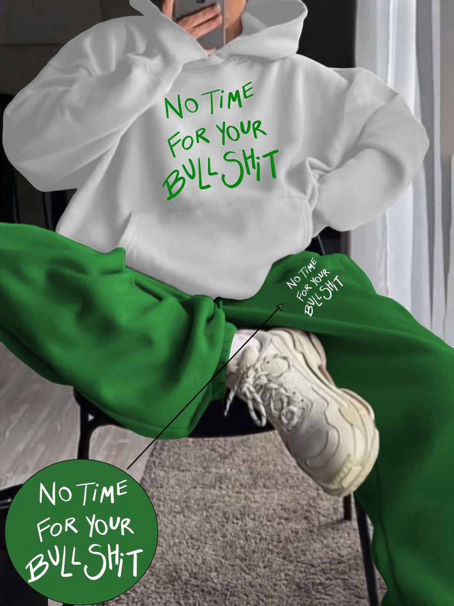 Directional Xianluomao Women'S Fashion Casual Letter Pattern Print Set, Women'S Autumn And Winter High-End Trendy Street Style Hooded Sweatshirt And Casual Pants Two-Piece Outfit, Casual Versatile Hooded Set, Women'S Clothing, Women'S - White+Green