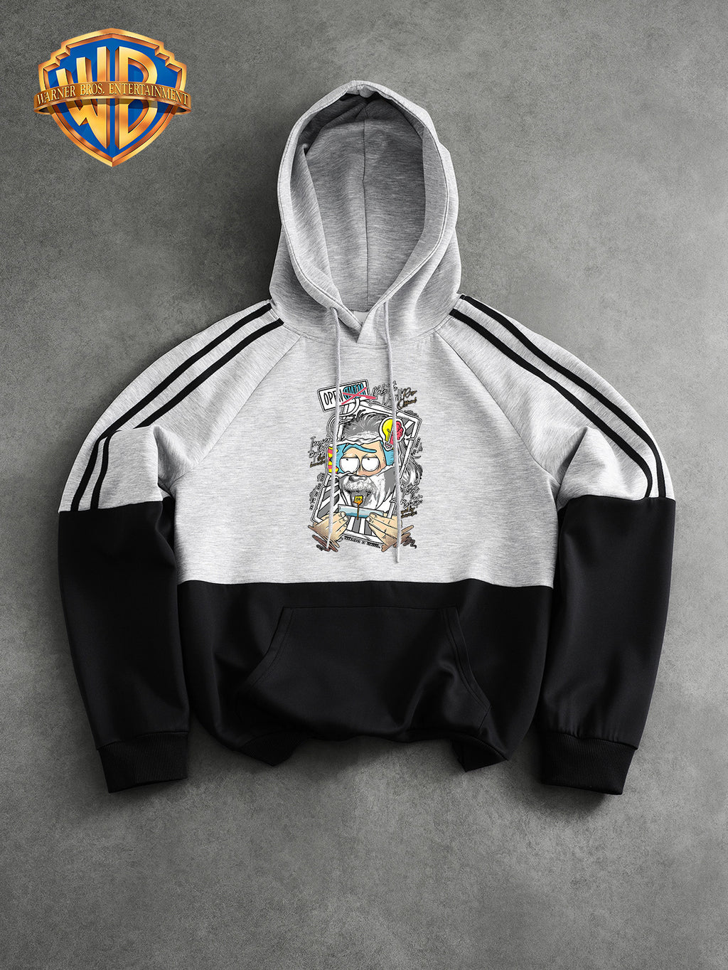 Warner Elements, Cartoon Action Figure Graffiti Print, New Men's Color-Blocked Fashion Hoodie, Fall/Winter Casual Pullover, Relaxed Fit for Casual Attire, Versatile, Drop-Shoulder Hoodie - Black And White