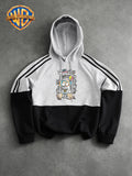 Warner Elements, Cartoon Action Figure Graffiti Print, New Men's Color-Blocked Fashion Hoodie, Fall/Winter Casual Pullover, Relaxed Fit for Casual Attire, Versatile, Drop-Shoulder Hoodie - Black And White