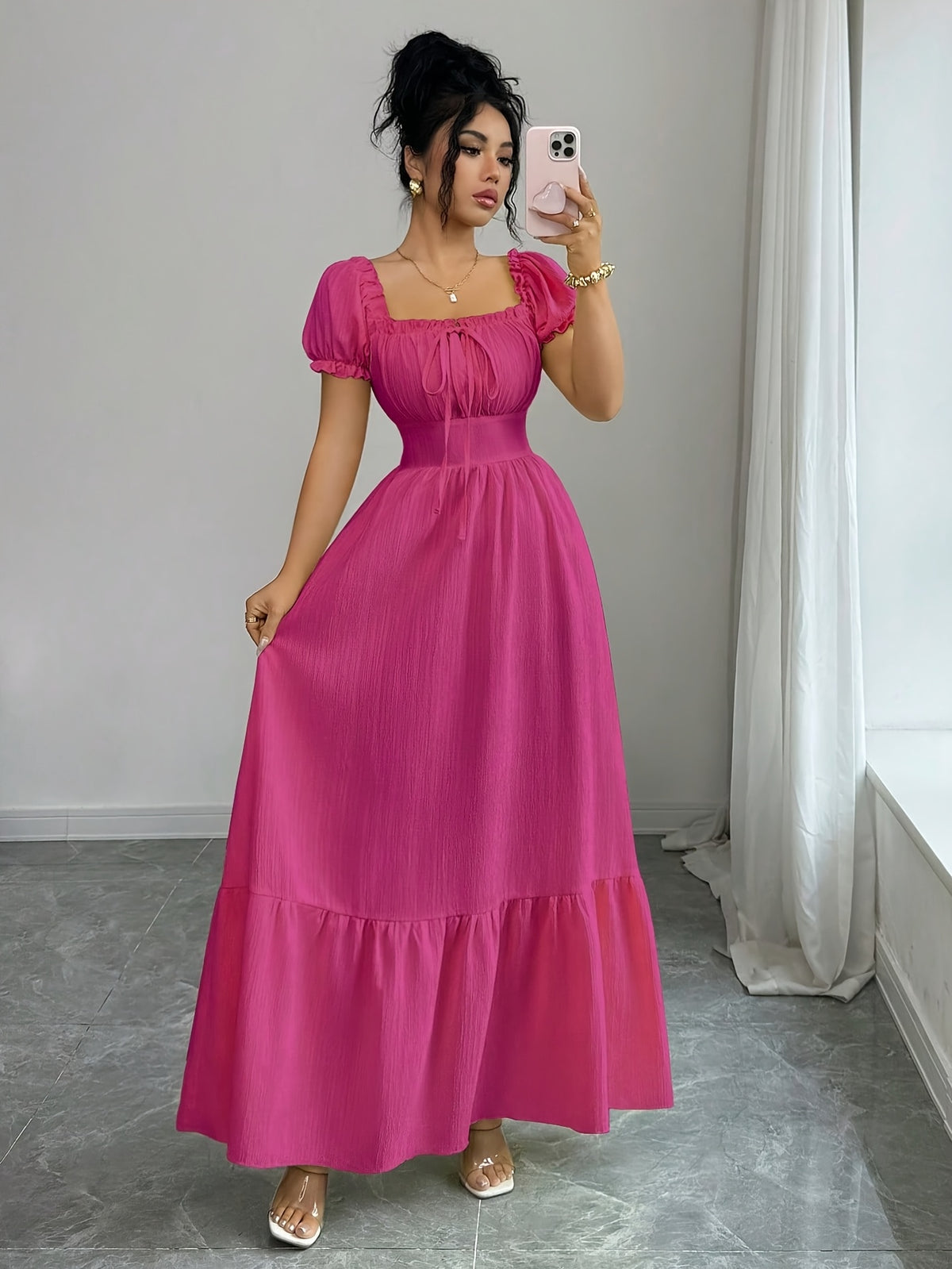 Elegant Dress Women'S Skirt Square Neck Puff Sleeve Tie-Up A-Line Long Dress Suitable for Outdoor Spring Summer Party Wedding Travel Zzy Spring Summer - Red