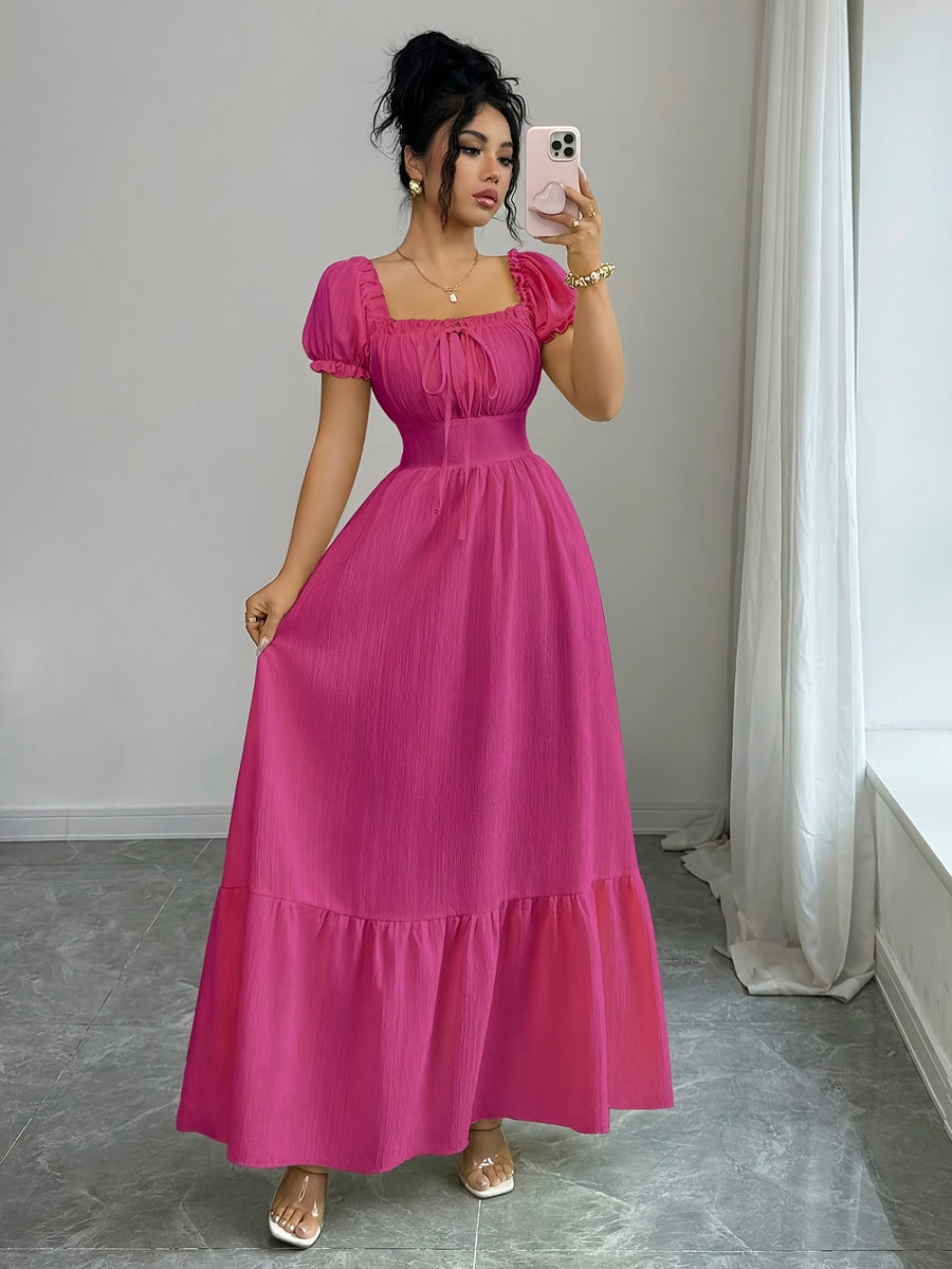 Elegant Dress Women'S Skirt Square Neck Puff Sleeve Tie-Up A-Line Long Dress Suitable for Outdoor Spring Summer Party Wedding Travel Zzy Spring Summer - Red