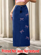 [Printed Skirt - Not Faux Denim Fabric][Imitation Faux Denim Print Skirt] American Style Print Skirt, Imitation Faux Denim Print - Non-Faux Denim Fabric, Casual Women'S Clothing, Suitable for All Seasons - Blue