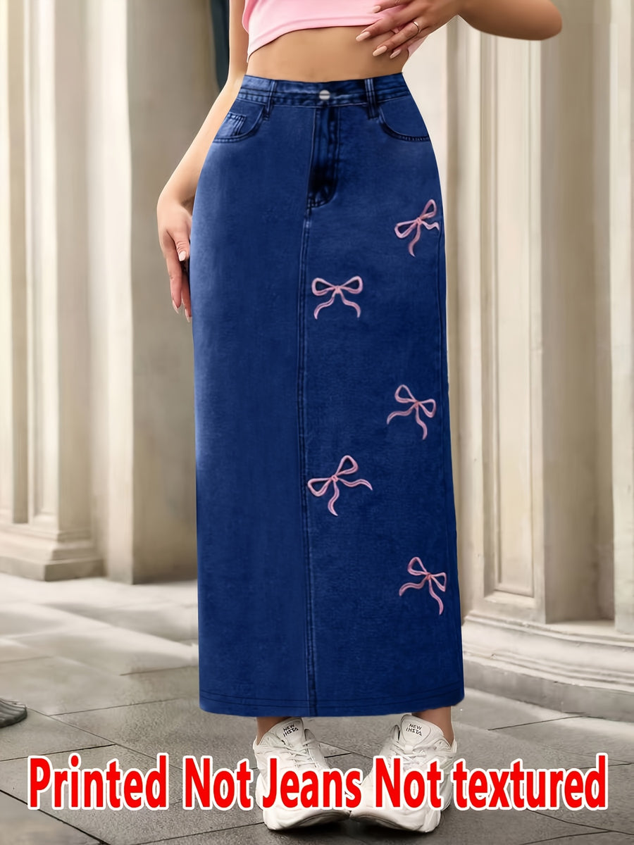 [Printed Skirt - Not Faux Denim Fabric][Imitation Faux Denim Print Skirt] American Style Print Skirt, Imitation Faux Denim Print - Non-Faux Denim Fabric, Casual Women'S Clothing, Suitable for All Seasons - Blue