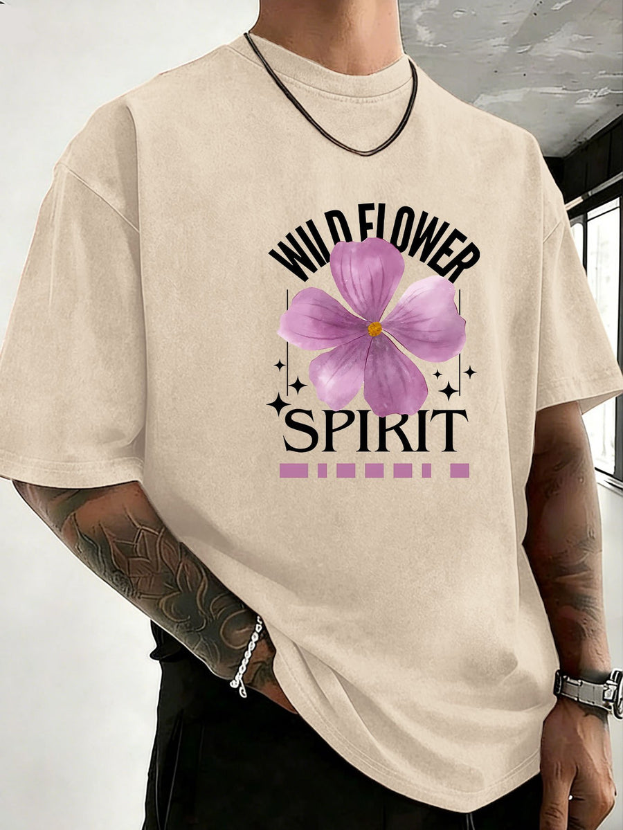 Mid-Summer Vacation Style Unisex T-Shirt, Pure Washed Distressed, Double-Sided Print, Breathable And Sweat-Absorbent, Loose Fit Outdoor Hiking Sports Trendy Casual Short Sleeve, Sweat-Resistant - Apricot