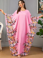1pc Floral Print Crew Neck Abaya, Elegant Batwing Sleeve Split Maxi Dress, Women'S Clothing Maxi Abaya Dress Modest Prayer Dress for Muslim Women | Batwing Sleeves And Elegant Swing Hem for Everyday Outings And Travel Outfits - Pink