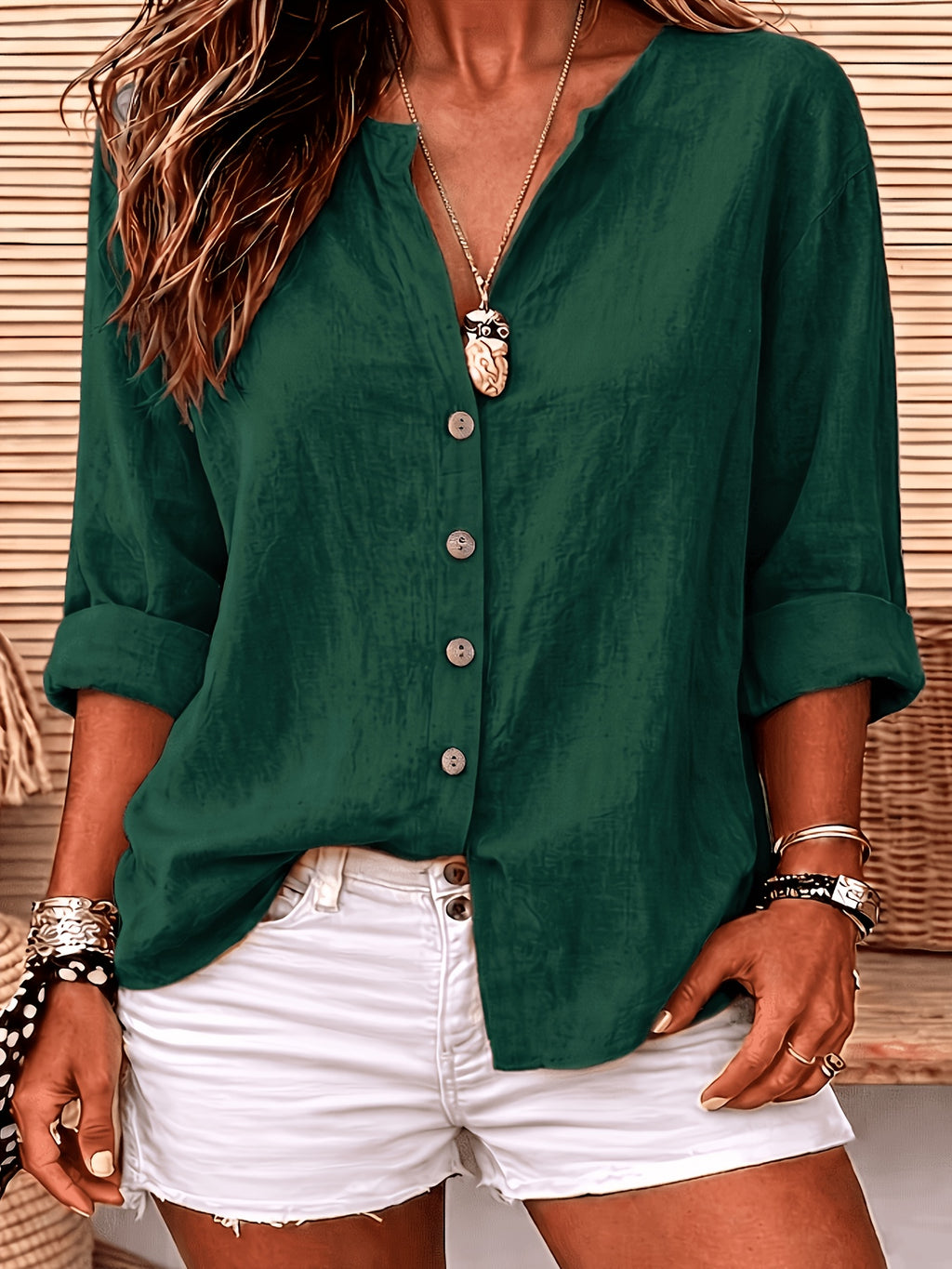 Women'S Solid Color V-Neck Long-Sleeved Shirt, Loose And Single-Breasted Casual Daily Vacation Top - Dark Green