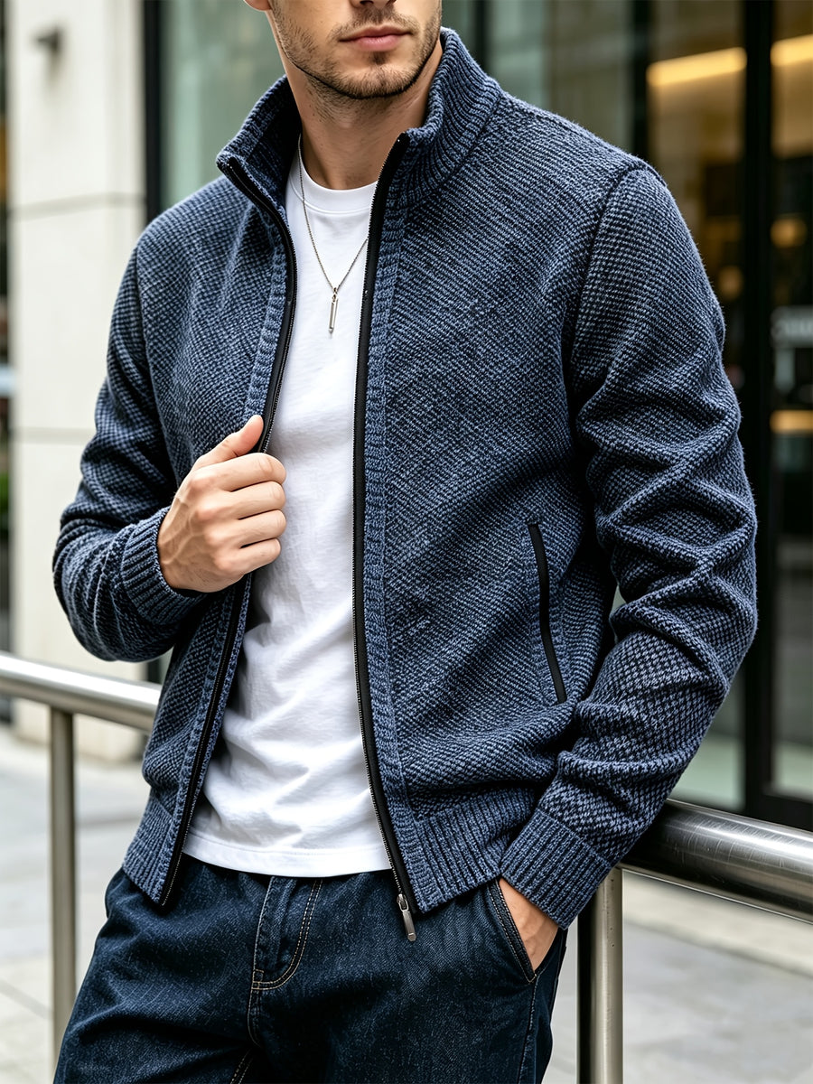 Men's Autumn and Winter Mixed Color Knitted Sweater, Comfortable and Warm, Very Durable Knitted Texture Sweater Jacket, Casual Style, Versatile for Daily Commuting Winter Clothes for Men - Navy Color